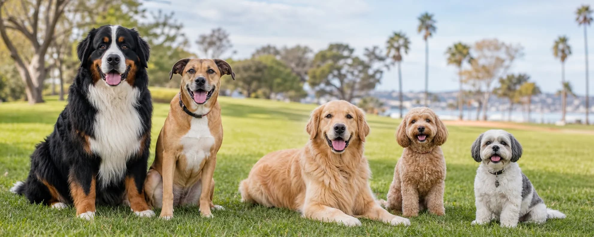 Dogs of many breeds playing at an Orange County dog park